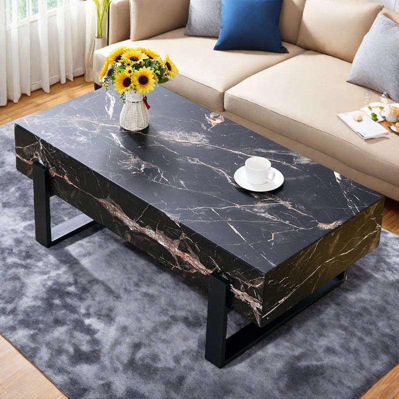Table basse 47,2 po x 23,6 po en MDF minimaliste à motif de marbre. Autocollant à motif de marbre, revêtement de pied en métal noir, table basse en panneau de fibres à densité moyenne. Un style simple et moderne.