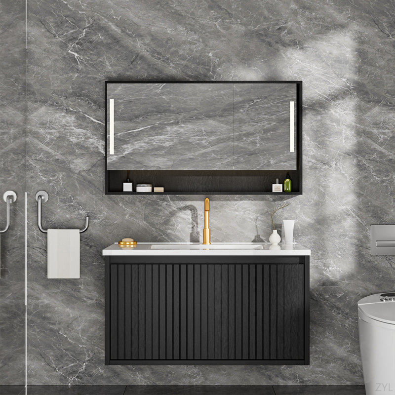 Meuble-lavabo de salle de bain pouces avec lavabo en céramique - Meuble-lavabo mural flottant cannelé avec tiroirs, Noir