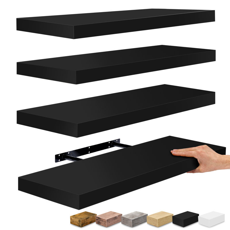 Floating Shelves with Invisible Mounting Set of 4, Black, 1.5" H x 23.75" W x 9.25" D