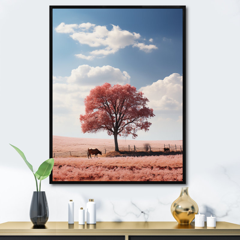 Pink Tree Tranquil Fields - Landscapes Canvas Art Print, H 32 po x l 24 po x P 1 po, Cadre flottant noir