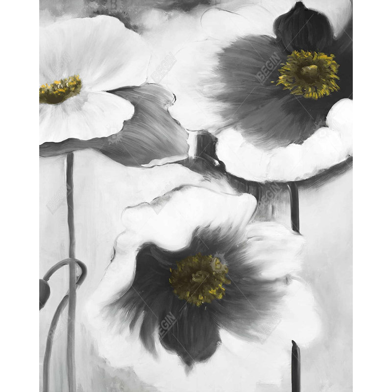 Fleurs noires et blanches - Décoration sur toile encadrée botanique, H 61,25 po x l 49,25 po