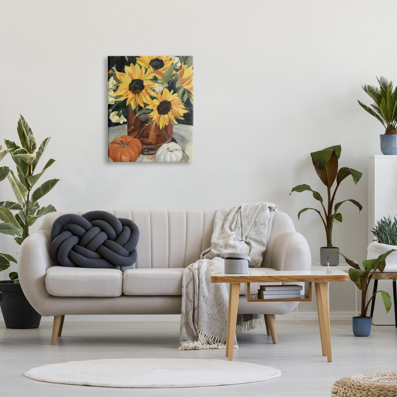 Vase de tournesol rustique et citrouille, H 30 po x l 24 po, Toile tendue