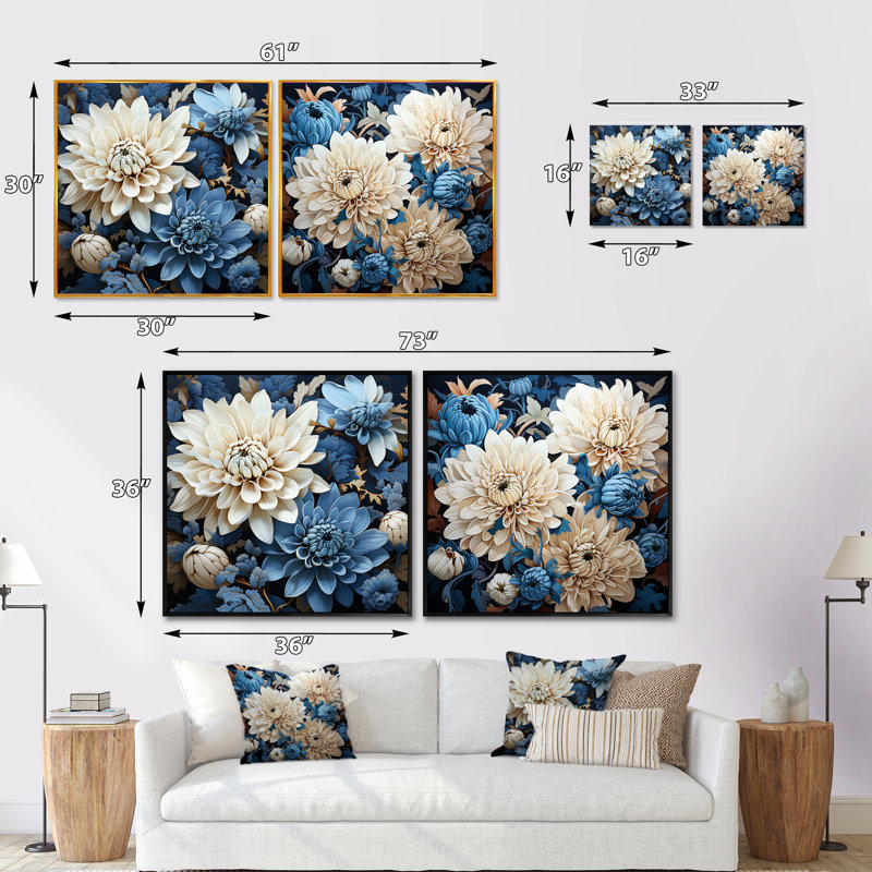 Ensemble de 2 mosaïques de chrysanthèmes blancs et bleus, Cadre flottant blanc, H 16 po x l 33 po