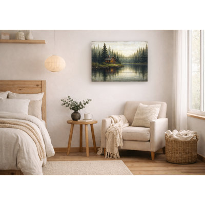 Cozy Cabin by the Lake - Rustic Wood Panel Canvas Art