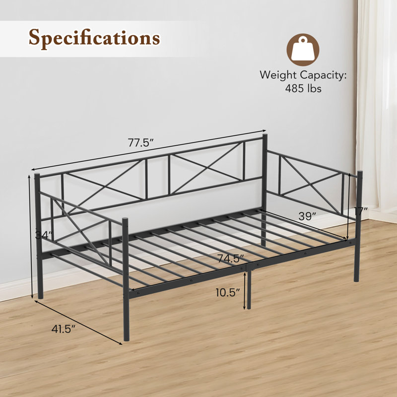 Twin Size Metal Daybed Frame Home Modern 2-in-1 Sofa Bed With Railings Heavy-duty Metal Slats Platform Bed, Black