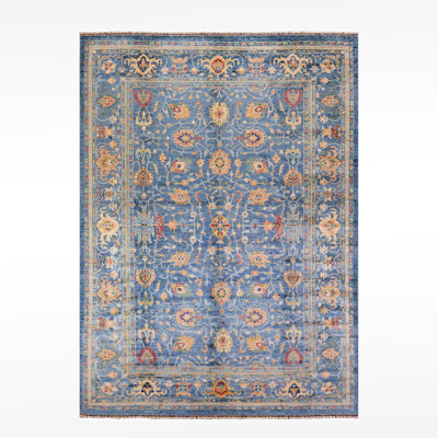 Original Hand Knotted Traditional Pattern Blue Wool and Cotton Rug