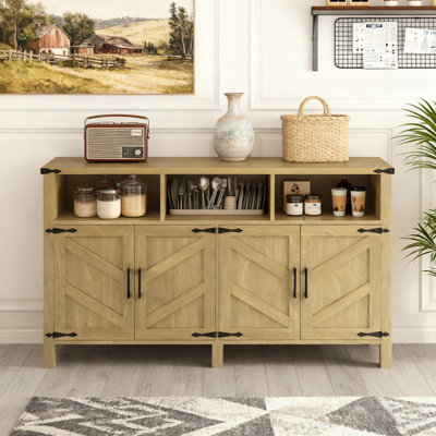 59'' Modern 4-Door Sideboard Buffet With Power Outlets & USB Ports, Adjustable Shelves And Half-Open Storage Cabinet, Metal Accents & Aluminum Handles For Living Room, Dining Room, Entryway