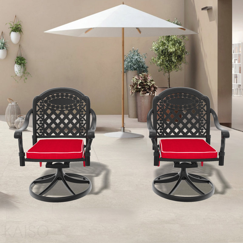 Chaise de patio pivotante en fonte d'aluminium 2 pièces avec structure noire et coussins rouges