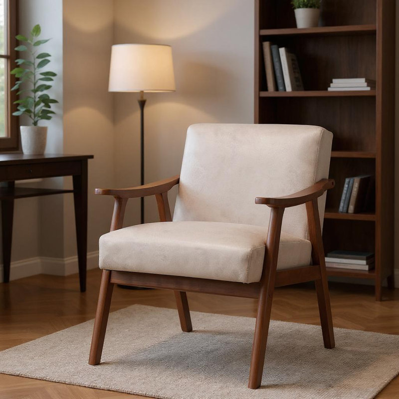 Chaise de bureau Mid-Century rembourrée avec cadre en bois massif et accoudoirs, Chenille beige