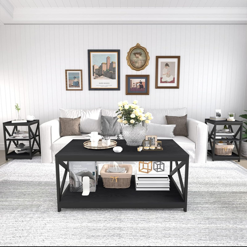 Living Room Coffee Table Set of 3, Industrial X-Design Coffee Table and 2 End Side Tables, 3 Piece Living Room Table Set with Large Storage for Apartment Home