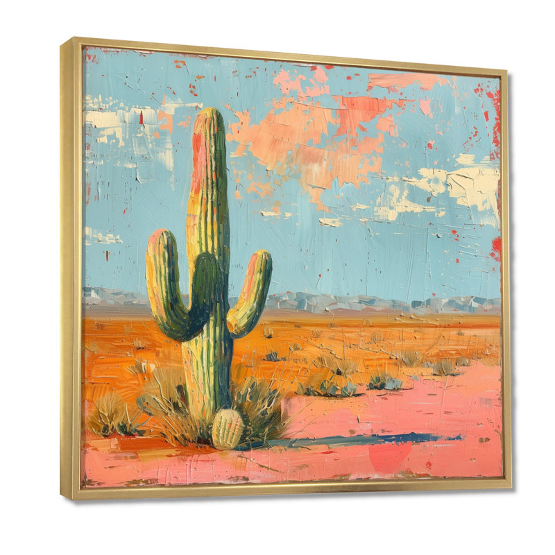 Cactus rétro rose du sud-ouest - Cactus, art mural, Toile avec cadre flottant or, H 16 po x l 16 po x P 1 po