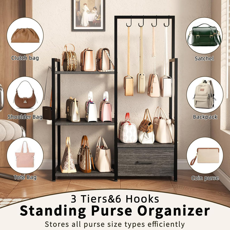 3 Tier Purse Storage Rack With Pull Out Drawer , 6 Hooks, High Capacity Handbag Holder Shelf, Metal Frame With Wood Shelves For Closet,Bedroom