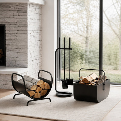 Modern Three Piece Fireplace Accessory Set With Log Rack Storage Bucket And Tools For Hearth