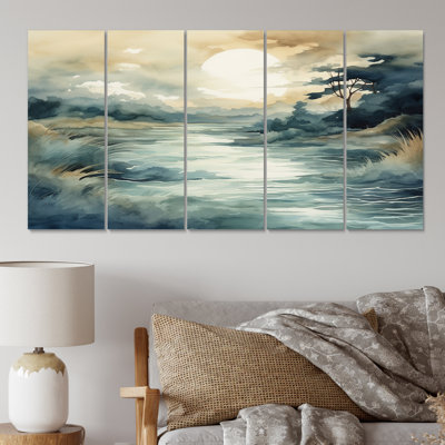 «Misty Moon Lake Tranquility», aquarelle rétro - décoration murale lac - 5 panneaux égaux
