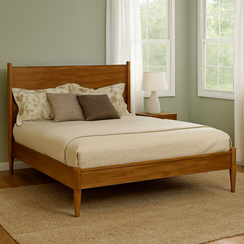 King Mid - Century Platform Bed Of Oak Hue, Featuring Tall Headboard, No Box Spring, And Quick Assembly In Bedroom Colored Bed, Slat Kit, Easy For