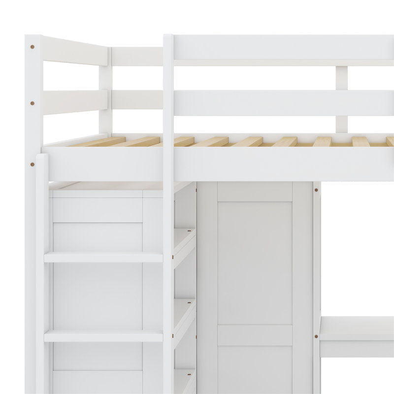 Lit mezzanine avec garde-robe intégré, bureau, tablettes de rangement et tiroirs, Blanc