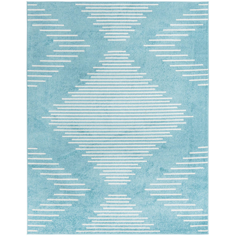 Tapis géométrique bleu clair en polypropylène tissé à la machine, Rectangle 7 pi 10 po x 10 pi