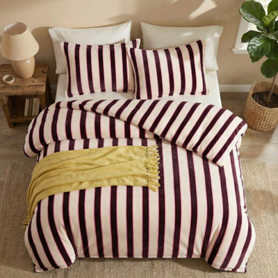 Striped Queen Comforter Set Velvety Fleece Comforter Set Modern Style Striped Beding with 2 Pillowcases Lightweight 3 Pcs Boho Bedding Quilt Farmhouse Fluffy Bed Set for All Seasons