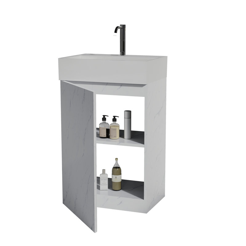Meuble-lavabo sur pied 20 po avec lavabo en céramique, armoire de salle de bain autoportante, KD, Blanc / Blanc