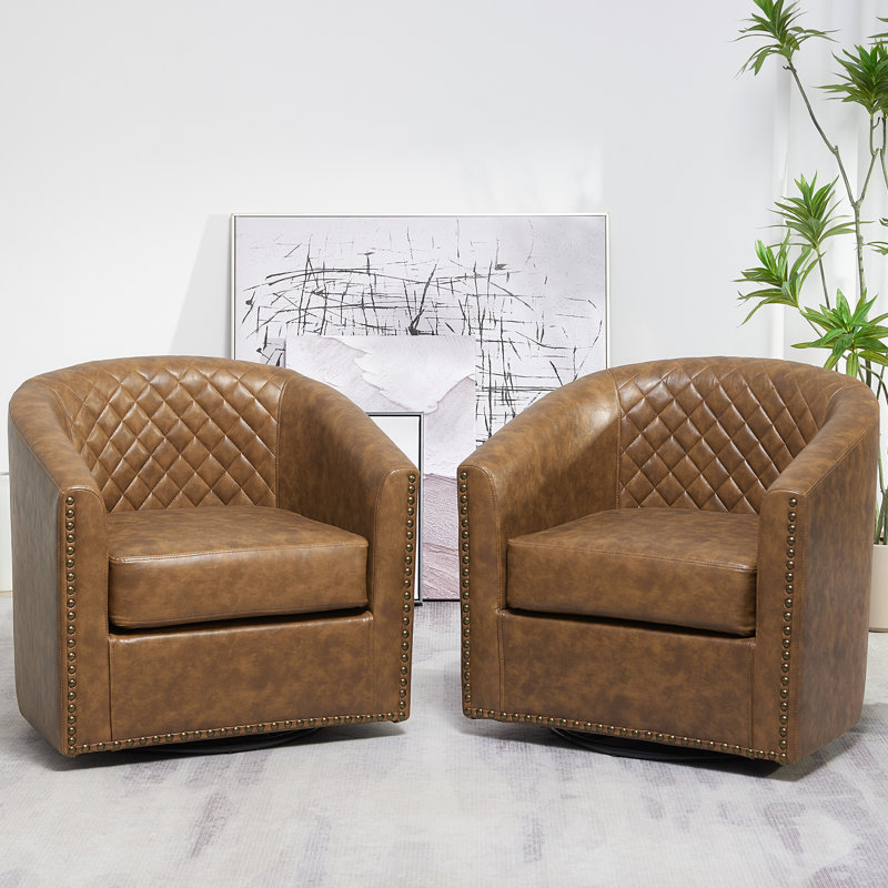 Oscar 29" W Water Resistant Faux Leather Swivel Barrel Chair, Coffee Faux Leather