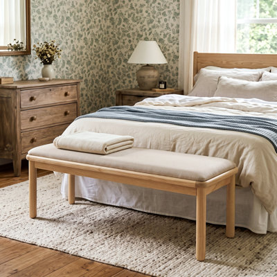 Radnor Scandinavian Modern Upholstered Bench with Rubber Wood Legs and Linen-Look Seat for Entryway, Bedroom & Living Room