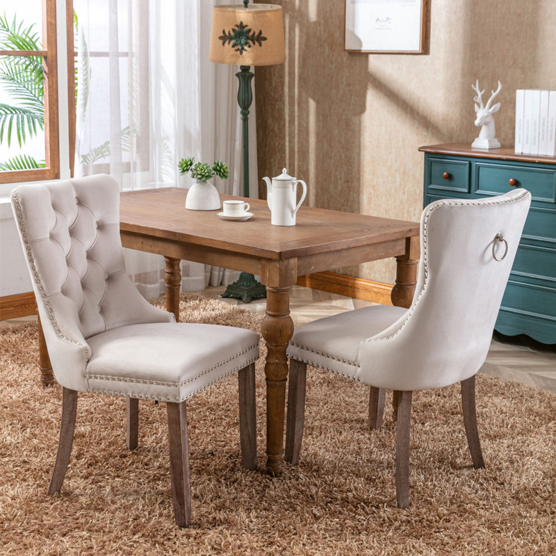 Jermell Tufted Velvet Dining Chairs, Beige Velvet, Khaki, 2