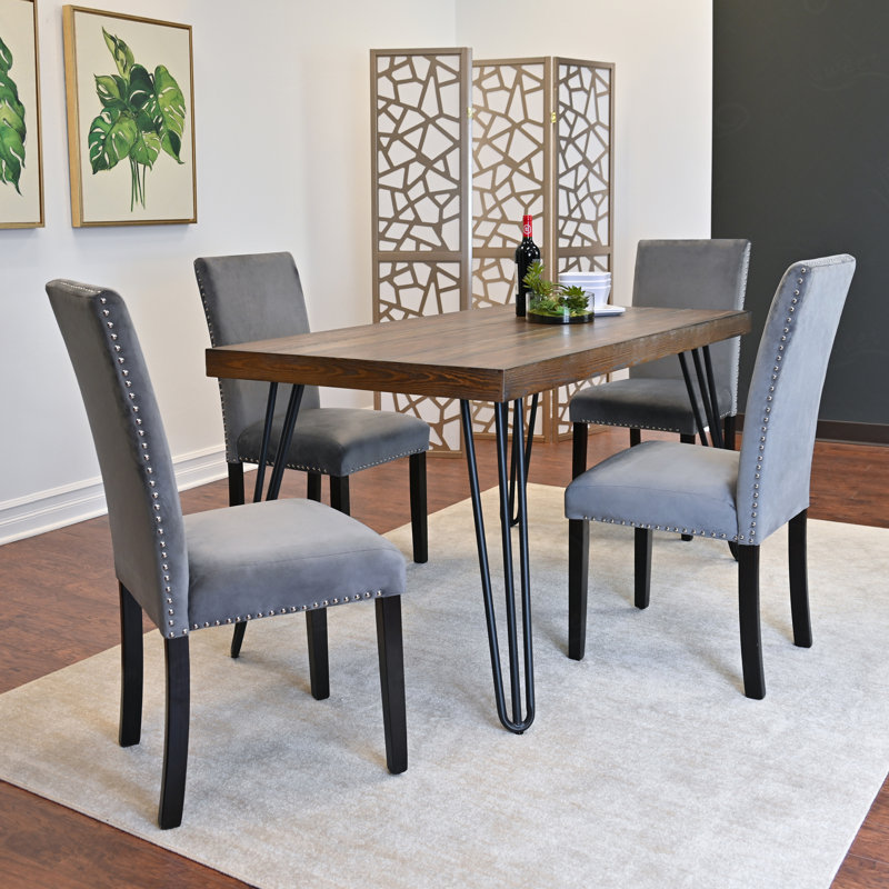 Ensemble de salle à manger 7 pièces, table à manger en épingle à cheveux avec 6 chaises , Gris, 5 pièces: table, 4 chaises