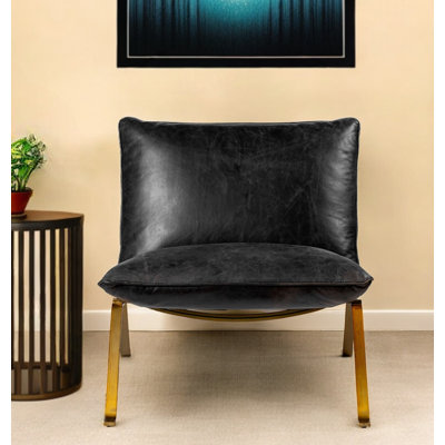  Fauteuil de chambre en cuir grainé noir vieilli avec structure en laiton