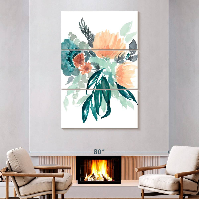 Bouquet Harnek bleu sarcelle et pêche I, H 74 po x l 48 po