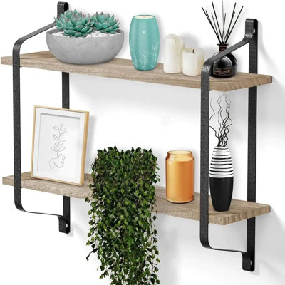 Tablettes murales flottantes à 2 niveaux avec supports de bar pour cuisine, salle de bain moyenne 3,3 lb (naturel)
