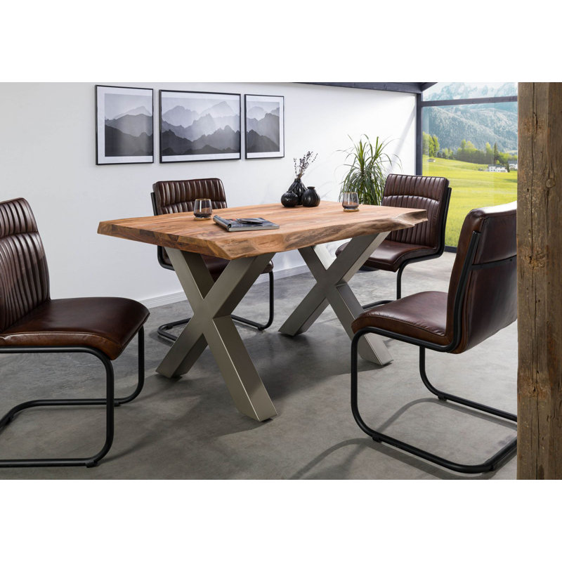 Solid Wood Top Metal Base Dining Table, Nature, Silver, 77 cm H x 160 cm L x 90 cm D