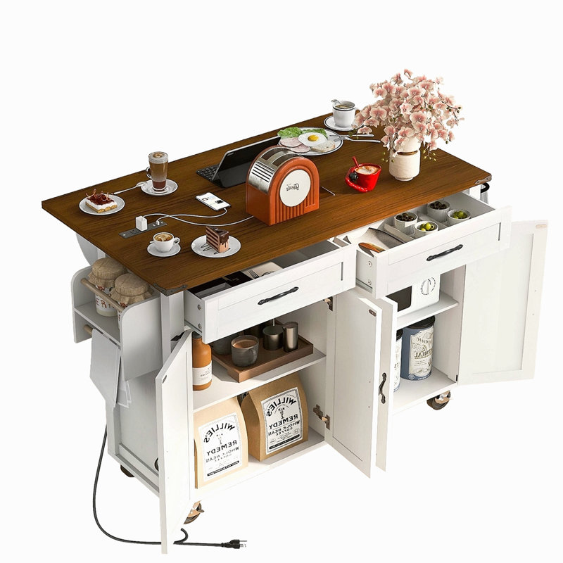 53.5''Farmhouse Kitchen Island With Power Outlet, Kitchen Storage Island With Drop Leaf, Spice Rack And Drawer, Rolling Kitchen Cart On Wheels, For Home, Kitchen And Dining Room