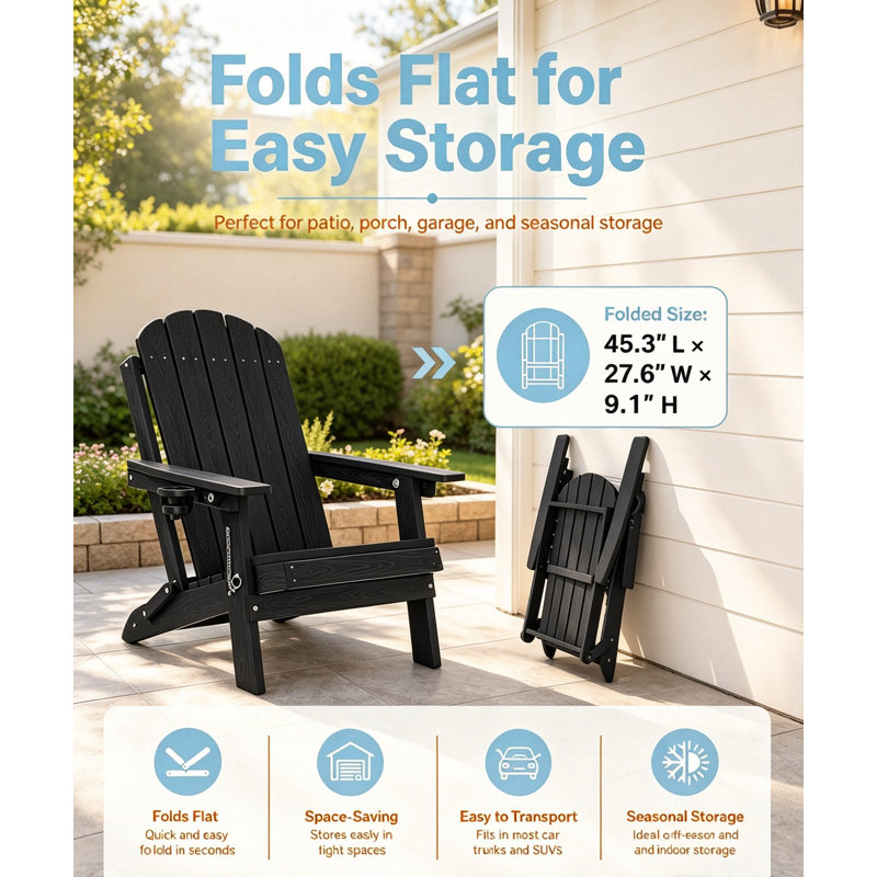  Weather Resistant Folding Plastic Adirondack Chair with Cup Holder & Adjustable Back for Adults, Black