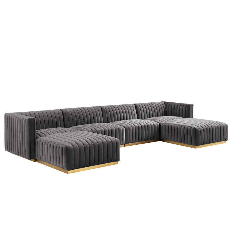 Modway Conjure Channel Tufted Upholstered 6-Piece Sectional Sofa, Grey Velvet