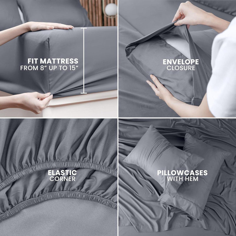 Ensemble de draps légers en microfibre de luxe ultra doux et infroissable avec poches profondes, Gris foncé