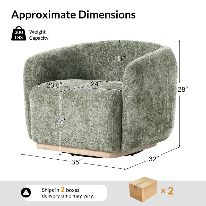 Berklie 35"W Modern Boucle Chenille Swivel Armchair With Solid Wood Base, Moss