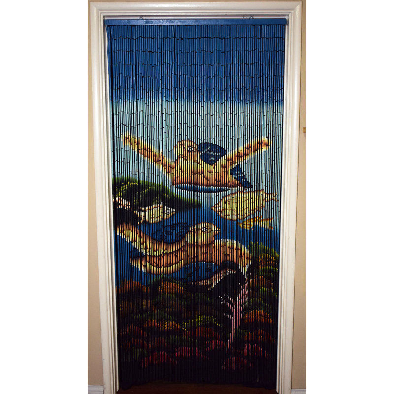 Handmade Bamboo Beaded Curtain with Turtle Scene in Blue and Brown