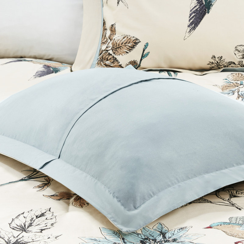 Couette Queen - 7 pièces, sergé de coton, motif feuilles et oiseaux, couette, 2 taies d'oreiller, 3 coussins décoratifs, 1 housse de couette lavable à la machine.