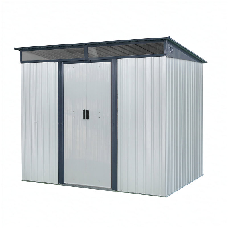 Rangement extérieur en métal 8 pi x 6 pi avec portes coulissantes verrouillables et plaque transparente pour le jardin, la pelouse (blanc et noir)