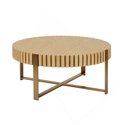 Modern Handcraft Drum Coffee Table 31.5 Inch Round Coffee Table For Living Room,Small Coffee Table With Sturdy Pedestal,Natural Ash