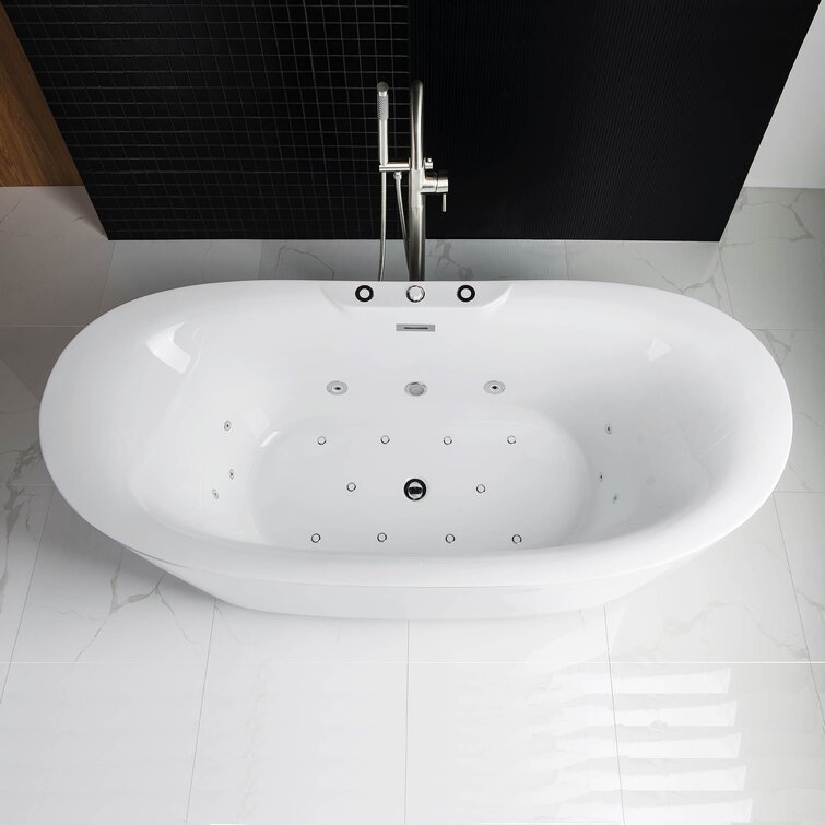 71 Modern Acrylic Corner Bathtub Whirlpool Air Massage 3 Sided Apron Tub in White Chromatherapy LED J020954