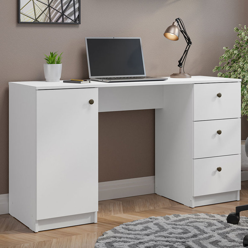 Executive Computer Writing Desk 53 Inch with 3 Drawers and 1 Door, Metalic Handles Wooden Home Office PC Study Table with Storage
