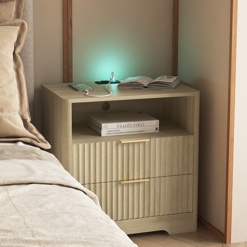 Table de chevet avec station de charge, table de chevet intelligente avec veilleuse, tables de chevet avec armoire de rangement pour la chambre à coucher, bois