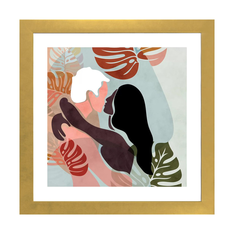 «Love hugs» par Ana Rut Bré - impression d'art graphique, Blanc, H 24 po x l 24 po x p 1 po, Papier encadré doré