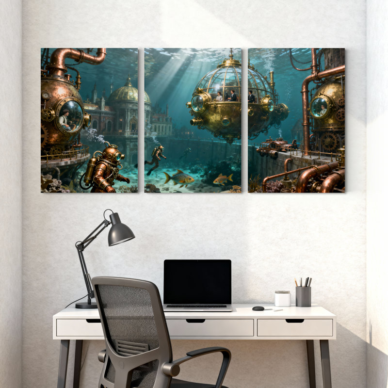 Fantaisie et science-fiction Steampunk Underwater City Submarine Diver Fish Pipes, ensemble de 3 impressions d'art sur toile