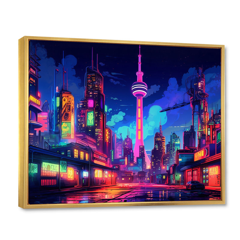 Berlin Neon Cityscape II - art mural de Berlin pour le salon, H 12 po x l 20 po x P 1 po, Cadre flottant doré
