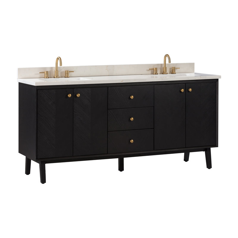 Meuble-lavabo double autoportant 72 po avec plateau en quartz Adele, Noir, Or