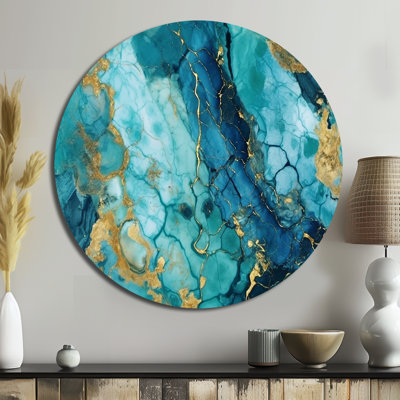 Turquoise luxueux, art fluide abstrait VII - Art abstrait rond en métal