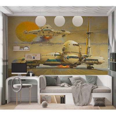 Premium Peel & Stick Wall Mural - Retro Futuristic Spaceships
