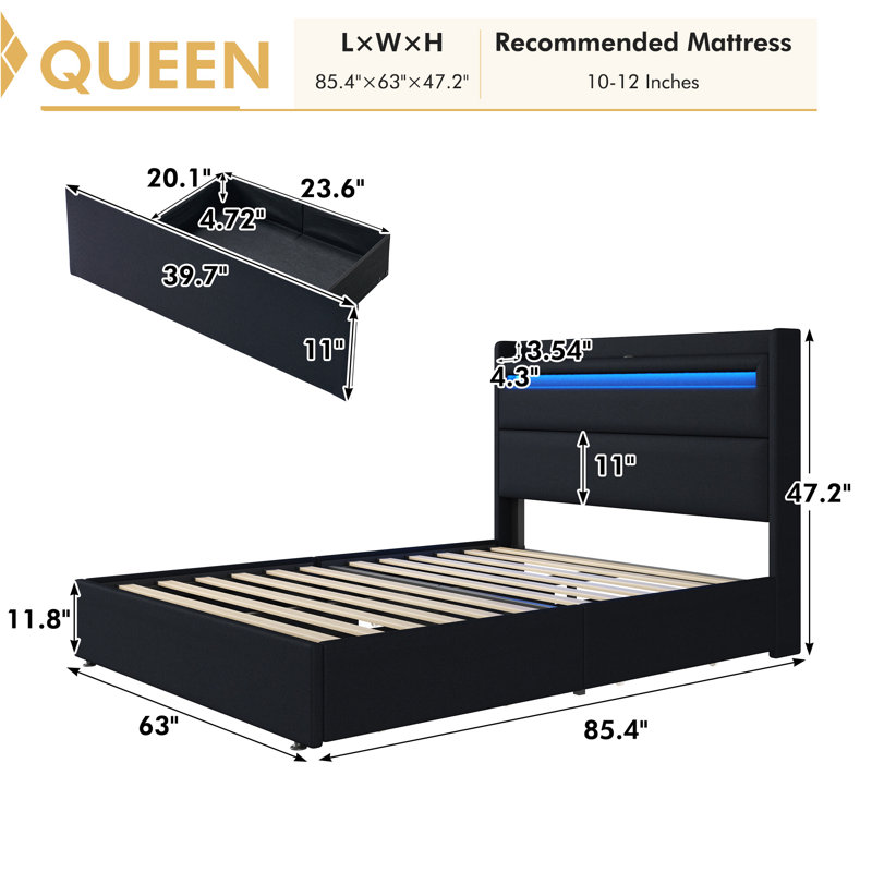 Berneil Upholstered Queen Bed Frame with RGBW LED Lights Headboard & 4 Storage Drawers, Black, Queen, Black